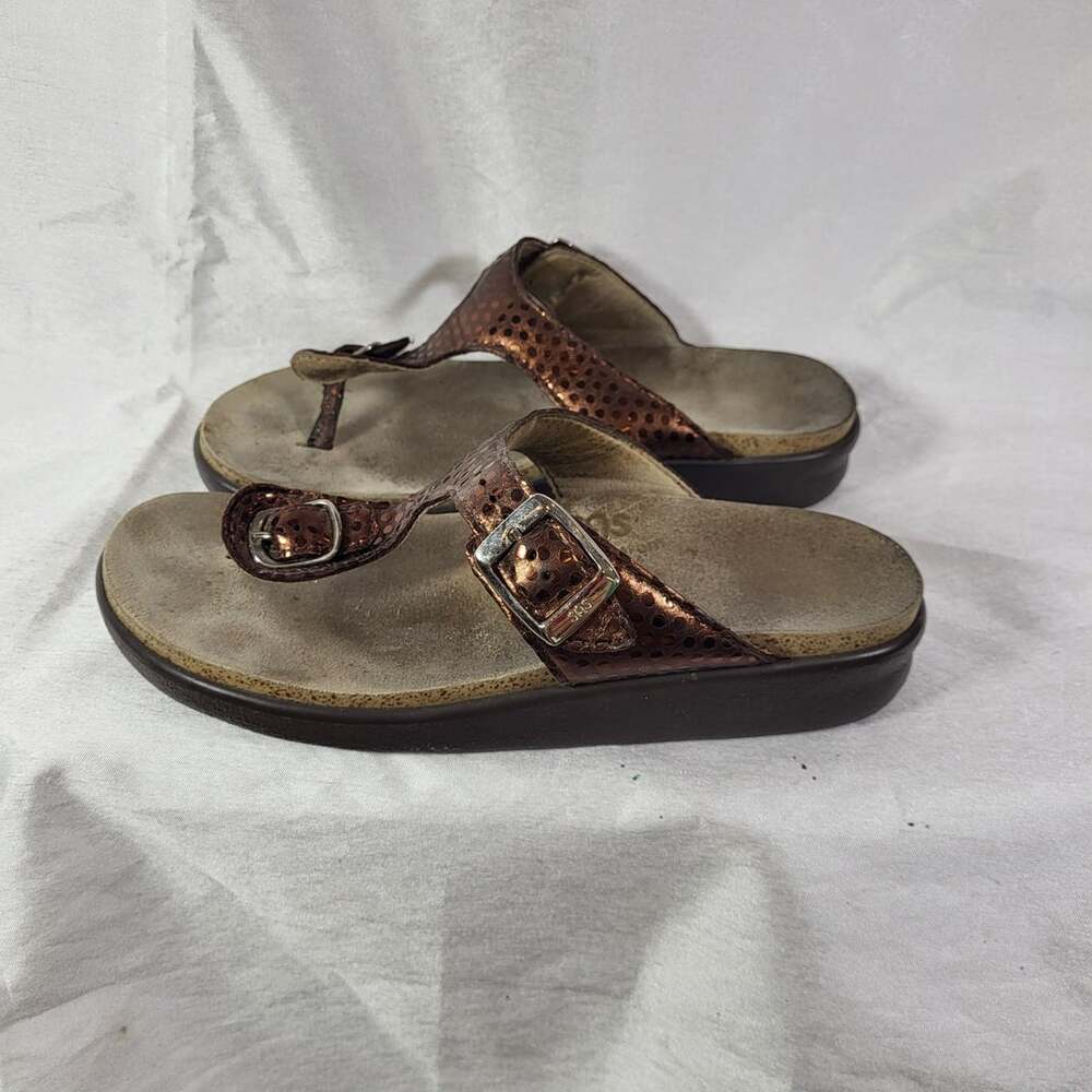 SAS Sanibel Bronze Metallic Polka Dot Leather T-Strap Comfort Slide Sandals